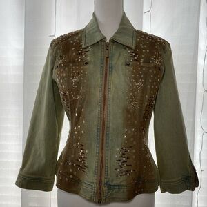 Studded Green Jean Jacket with Zip Front